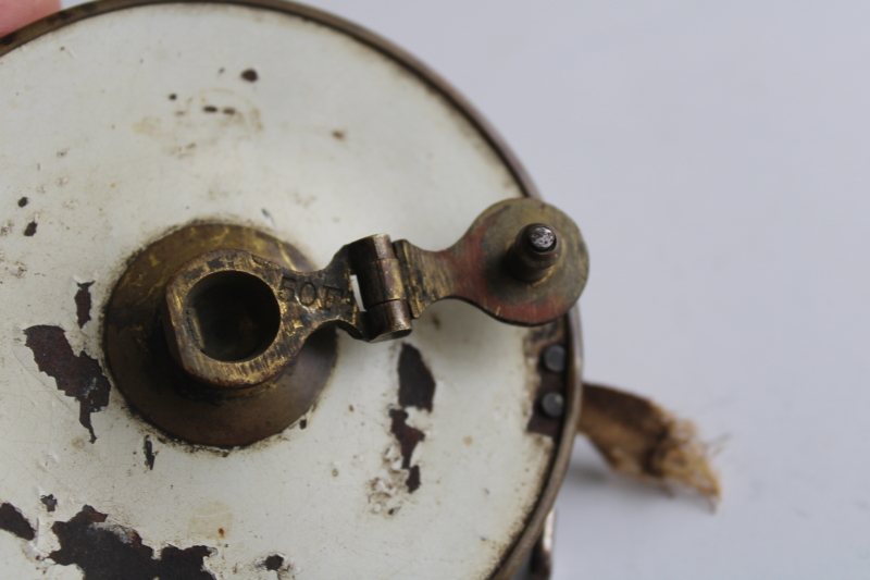 photo of antique 1800s English brass tape measure, hand crank winder 3 Poles or 50 Feet tape  #8