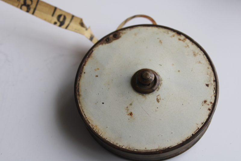 photo of antique 1800s English brass tape measure, hand crank winder 3 Poles or 50 Feet tape  #12