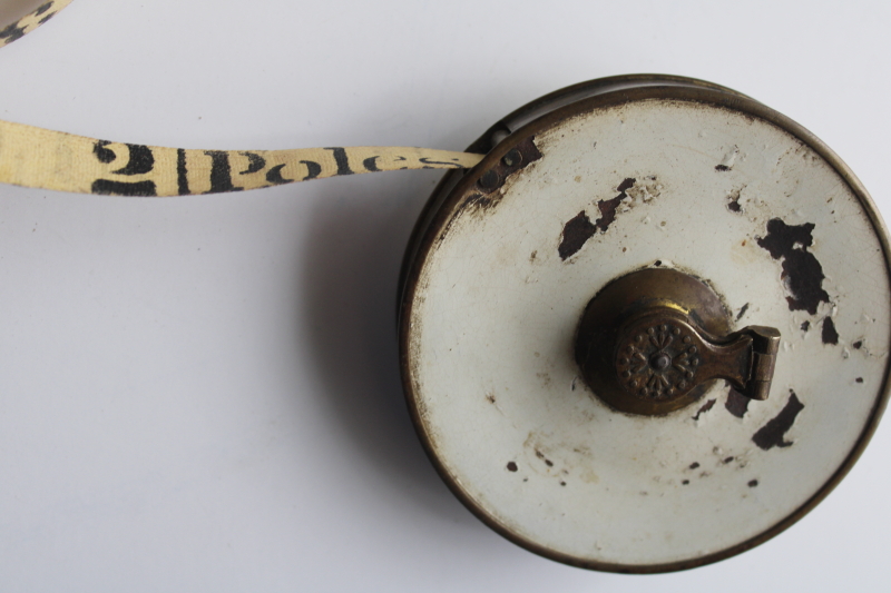 photo of antique 1800s English brass tape measure, hand crank winder 3 Poles or 50 Feet tape  #13