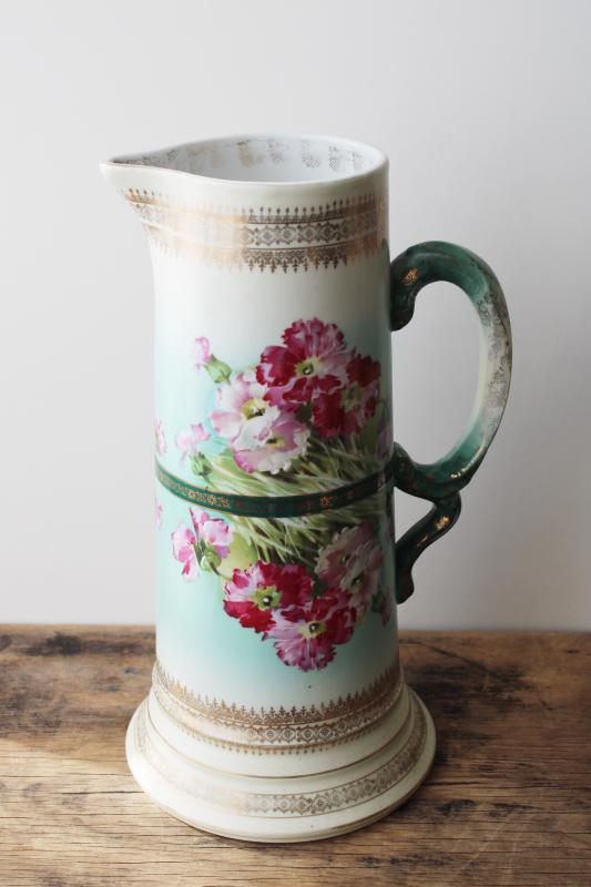 photo of antique 1800s Imperial Austria china, tall beer pitcher w/ pinks floral #1