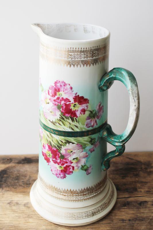 photo of antique 1800s Imperial Austria china, tall beer pitcher w/ pinks floral #9