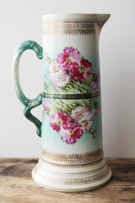 photo of antique 1800s Imperial Austria china, tall beer pitcher w/ pinks floral #12