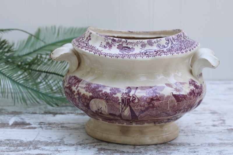 photo of antique 1800s browned ironstone china sugar bowl, mulberry purple transferware pastoral print #1