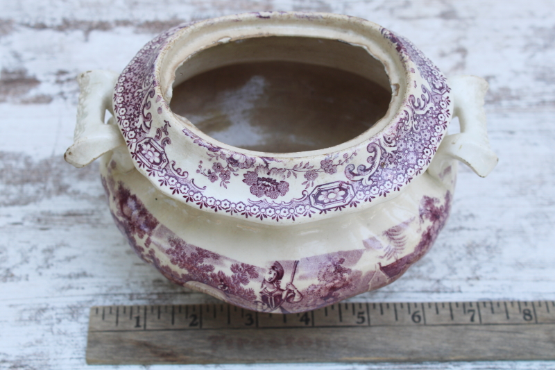 photo of antique 1800s browned ironstone china sugar bowl, mulberry purple transferware pastoral print #2