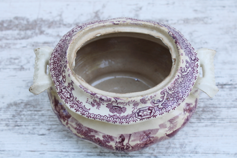 photo of antique 1800s browned ironstone china sugar bowl, mulberry purple transferware pastoral print #3