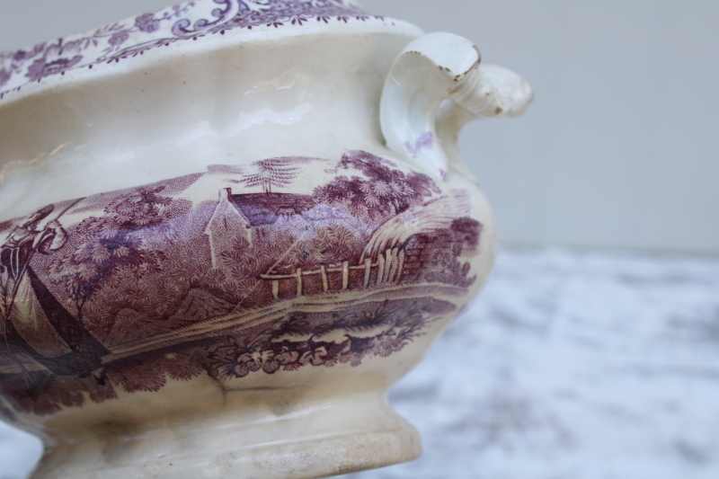 photo of antique 1800s browned ironstone china sugar bowl, mulberry purple transferware pastoral print #5