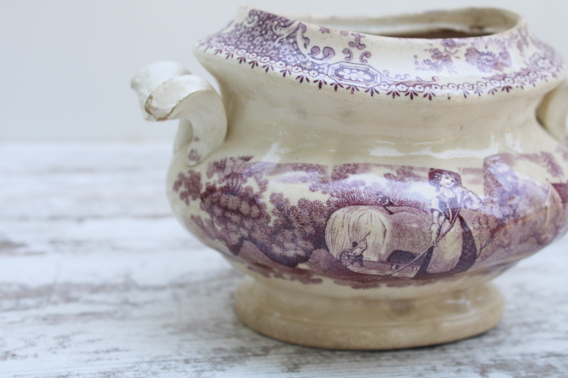 photo of antique 1800s browned ironstone china sugar bowl, mulberry purple transferware pastoral print #6