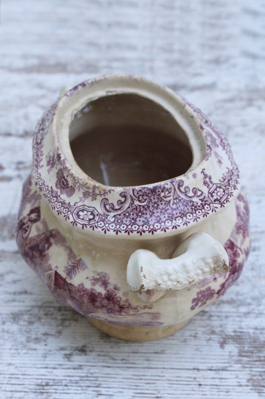 photo of antique 1800s browned ironstone china sugar bowl, mulberry purple transferware pastoral print #7