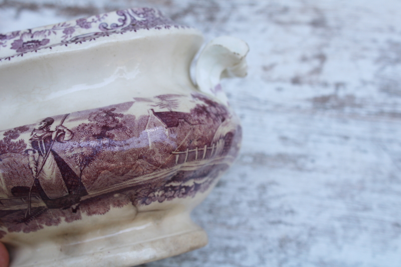 photo of antique 1800s browned ironstone china sugar bowl, mulberry purple transferware pastoral print #10