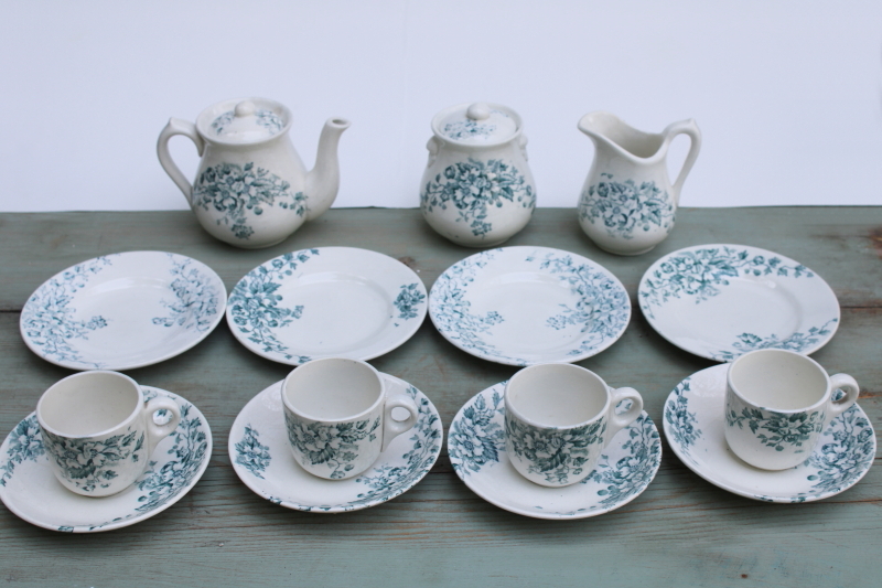 photo of antique 1800s ironstone china tea set, teal blue green floral transferware dishes, simple rustic cottage vintage  #1