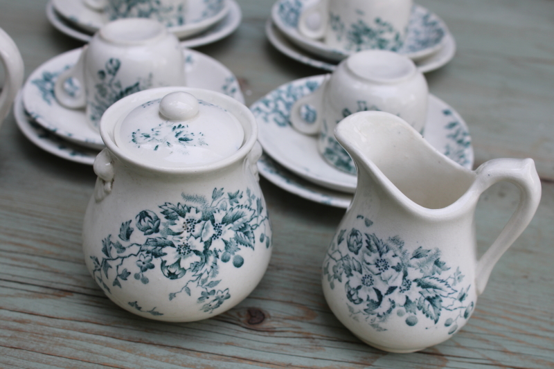photo of antique 1800s ironstone china tea set, teal blue green floral transferware dishes, simple rustic cottage vintage  #2