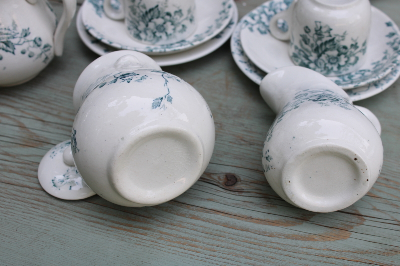 photo of antique 1800s ironstone china tea set, teal blue green floral transferware dishes, simple rustic cottage vintage  #3