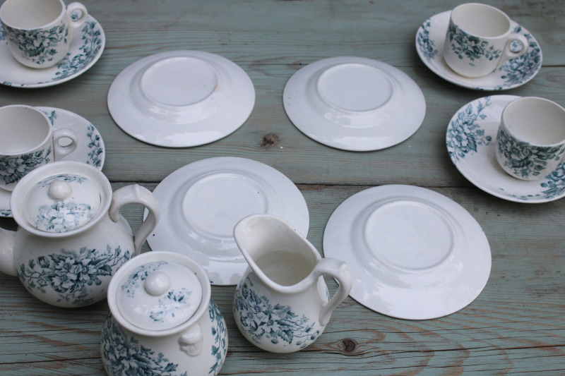 photo of antique 1800s ironstone china tea set, teal blue green floral transferware dishes, simple rustic cottage vintage  #4