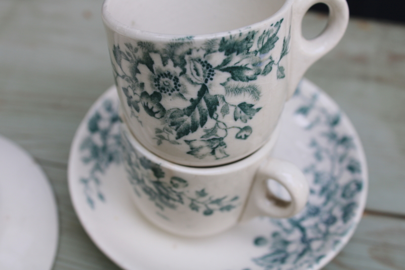 photo of antique 1800s ironstone china tea set, teal blue green floral transferware dishes, simple rustic cottage vintage  #7