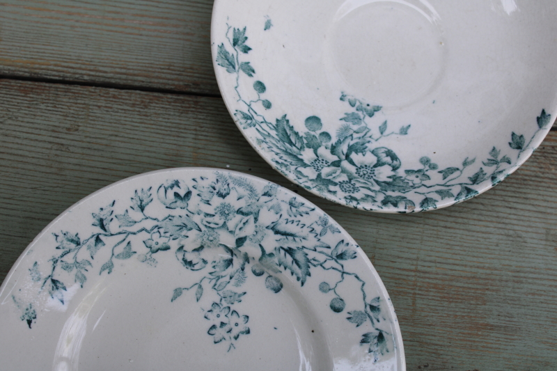photo of antique 1800s ironstone china tea set, teal blue green floral transferware dishes, simple rustic cottage vintage  #8