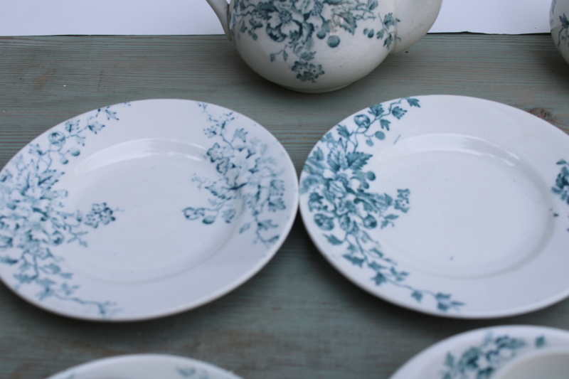 photo of antique 1800s ironstone china tea set, teal blue green floral transferware dishes, simple rustic cottage vintage  #9