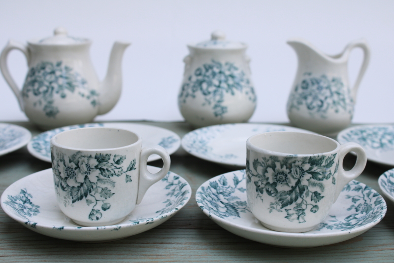 photo of antique 1800s ironstone china tea set, teal blue green floral transferware dishes, simple rustic cottage vintage  #10