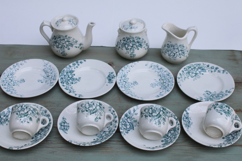 photo of antique 1800s ironstone china tea set, teal blue green floral transferware dishes, simple rustic cottage vintage  #11