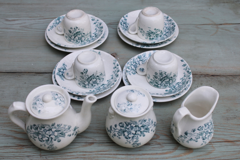 photo of antique 1800s ironstone china tea set, teal blue green floral transferware dishes, simple rustic cottage vintage  #12