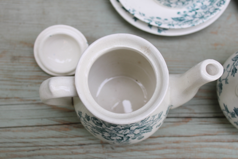 photo of antique 1800s ironstone china tea set, teal blue green floral transferware dishes, simple rustic cottage vintage  #13
