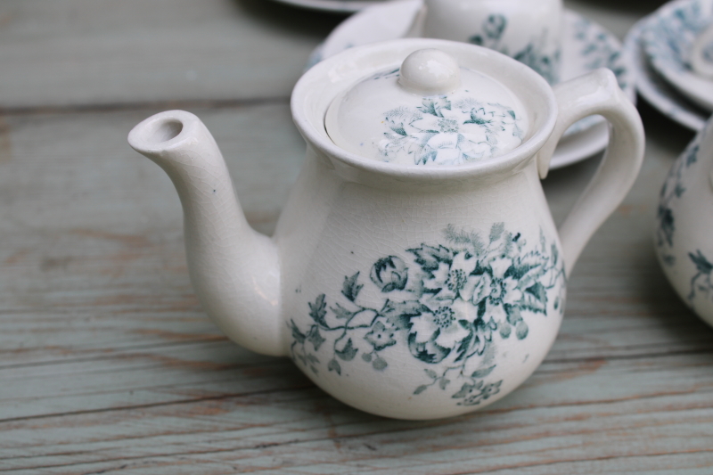 photo of antique 1800s ironstone china tea set, teal blue green floral transferware dishes, simple rustic cottage vintage  #14