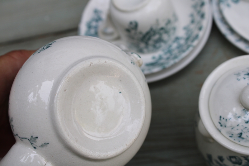 photo of antique 1800s ironstone china tea set, teal blue green floral transferware dishes, simple rustic cottage vintage  #15