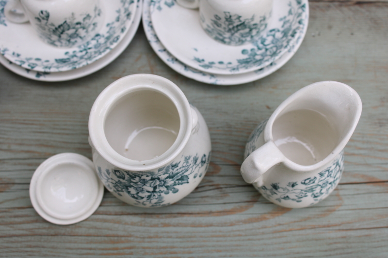 photo of antique 1800s ironstone china tea set, teal blue green floral transferware dishes, simple rustic cottage vintage  #16