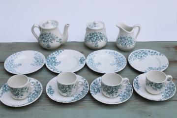 catalog photo of antique 1800s ironstone china tea set, teal blue green floral transferware dishes, simple rustic cottage vintage 