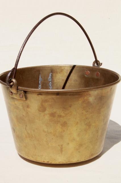 photo of antique 1800s vintage Hayden's Waterbury brass bucket, cooking pot kettle w/ bail handle #1
