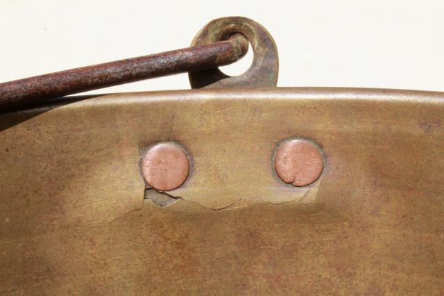 photo of antique 1800s vintage Hayden's Waterbury brass bucket, cooking pot kettle w/ bail handle #6