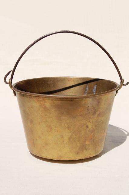 photo of antique 1800s vintage Hayden's Waterbury brass bucket, cooking pot kettle w/ bail handle #7