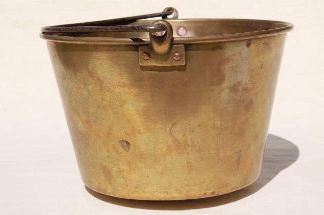 photo of antique 1800s vintage Hayden's Waterbury brass bucket, cooking pot kettle w/ bail handle #10