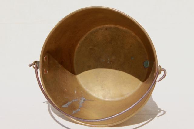 photo of antique 1800s vintage Hayden's Waterbury brass bucket, cooking pot kettle w/ bail handle #11
