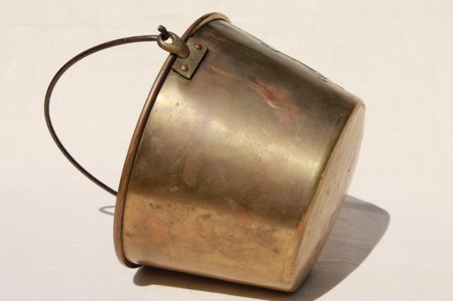 photo of antique 1800s vintage Hayden's Waterbury brass bucket, cooking pot kettle w/ bail handle #12