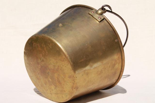 photo of antique 1800s vintage Hayden's Waterbury brass bucket, cooking pot kettle w/ bail handle #13
