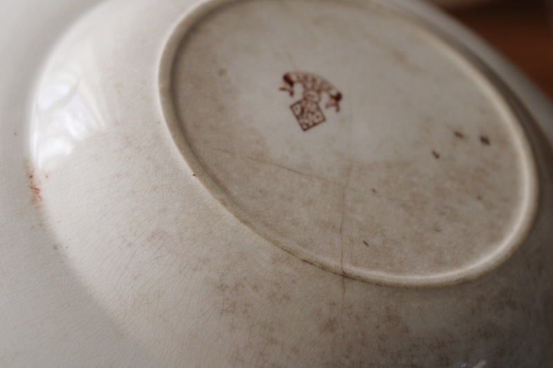 photo of antique 1800s vintage brown transferware china bowls, Indus pattern storks bird print w/ natural foliage #2