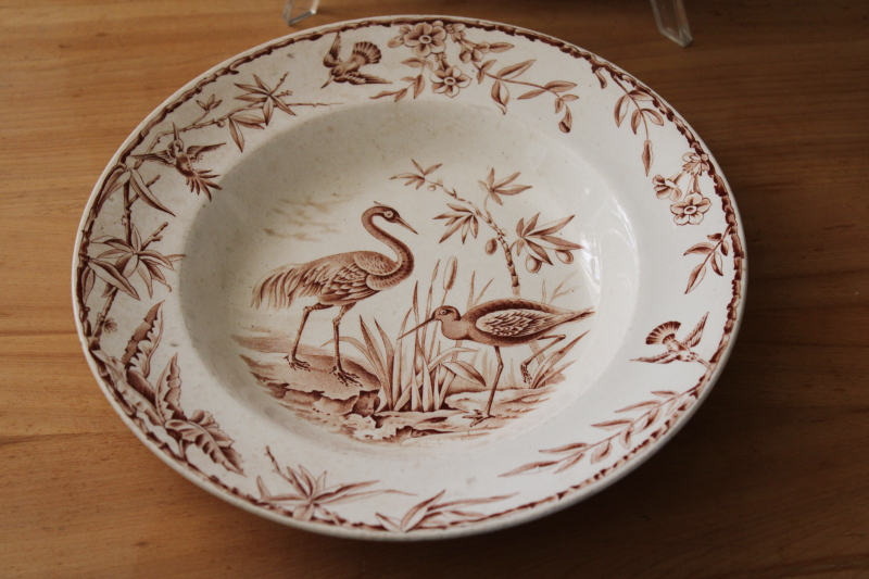 photo of antique 1800s vintage brown transferware china bowls, Indus pattern storks bird print w/ natural foliage #3