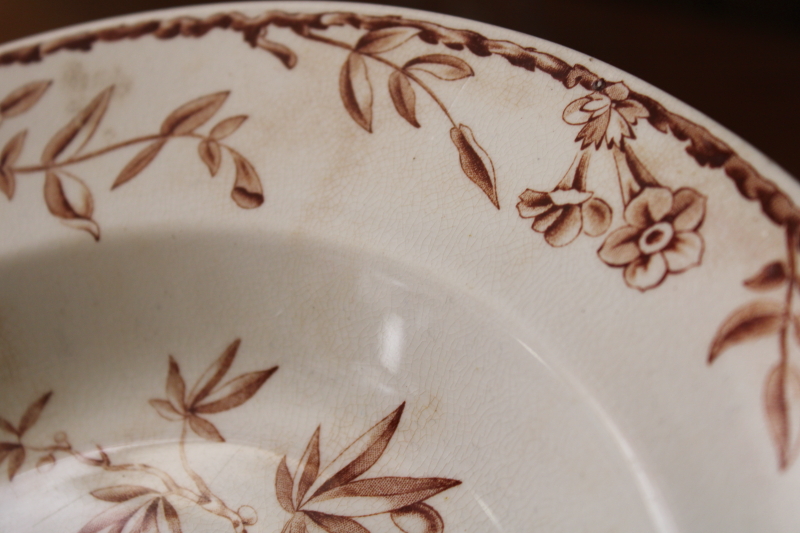 photo of antique 1800s vintage brown transferware china bowls, Indus pattern storks bird print w/ natural foliage #7