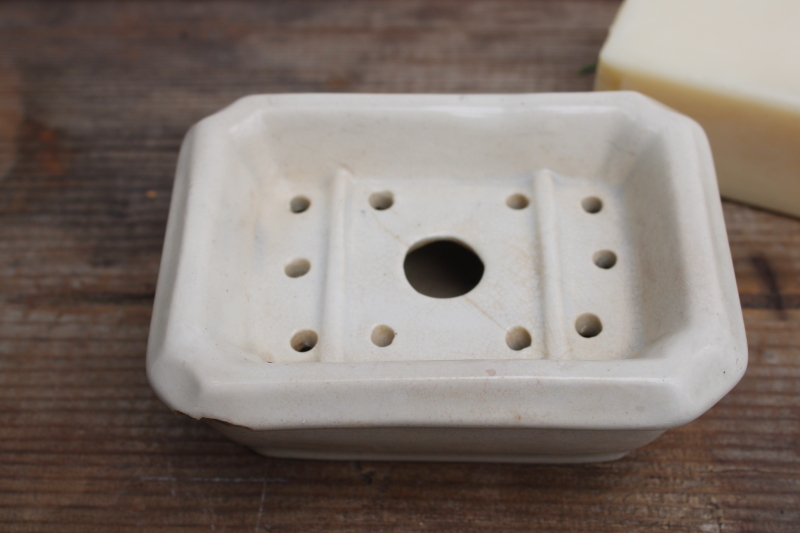 photo of antique 1800s vintage china soap dish, soap drainer stained white ironstone shabby Victorian utility ware  #2