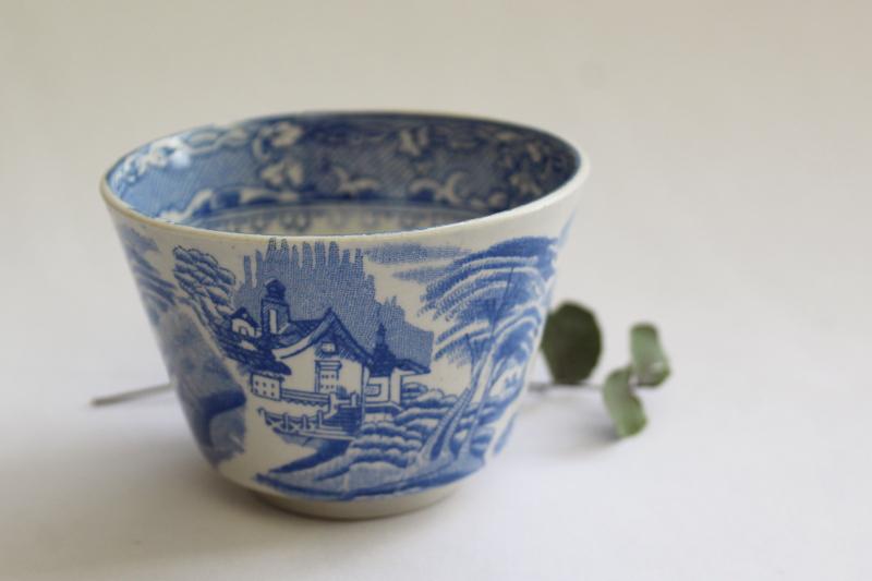 photo of antique 1800s vintage china tea cup, handleless teacup w/ blue & white transferware #1