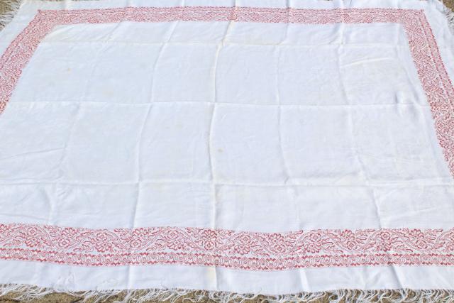 photo of antique 1800s vintage cotton damask tablecloth, redwork embroidery border #2