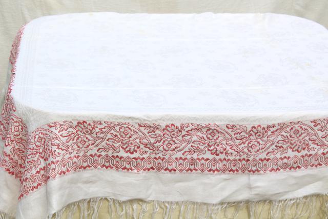 photo of antique 1800s vintage cotton damask tablecloth, redwork embroidery border #7