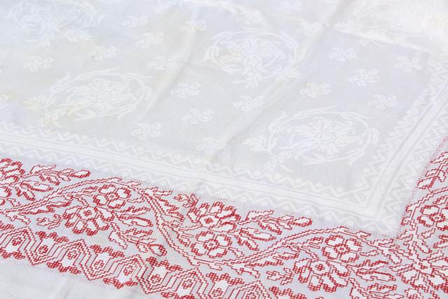 photo of antique 1800s vintage cotton damask tablecloth, redwork embroidery border #8