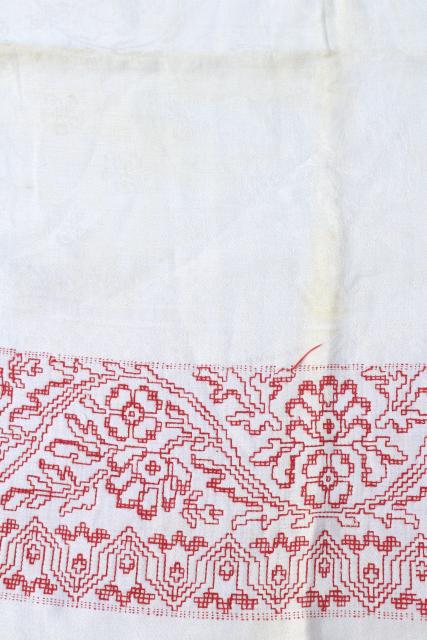 photo of antique 1800s vintage cotton damask tablecloth, redwork embroidery border #10