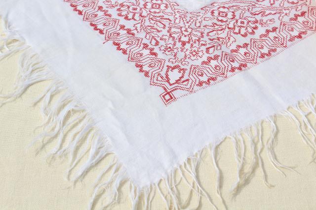 photo of antique 1800s vintage cotton damask tablecloth, redwork embroidery border #12