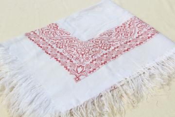 catalog photo of antique 1800s vintage cotton damask tablecloth, redwork embroidery border