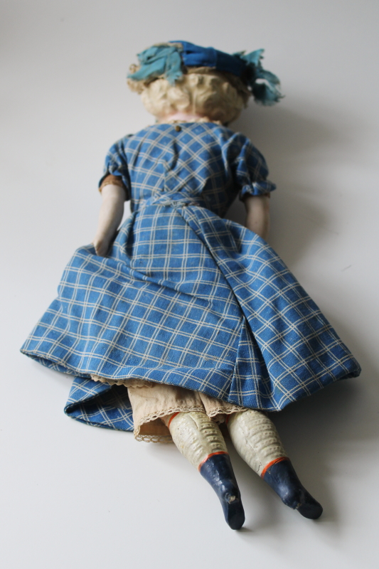 photo of antique 1800s vintage wax head doll with glass eyes, molded hair, earrings  #10