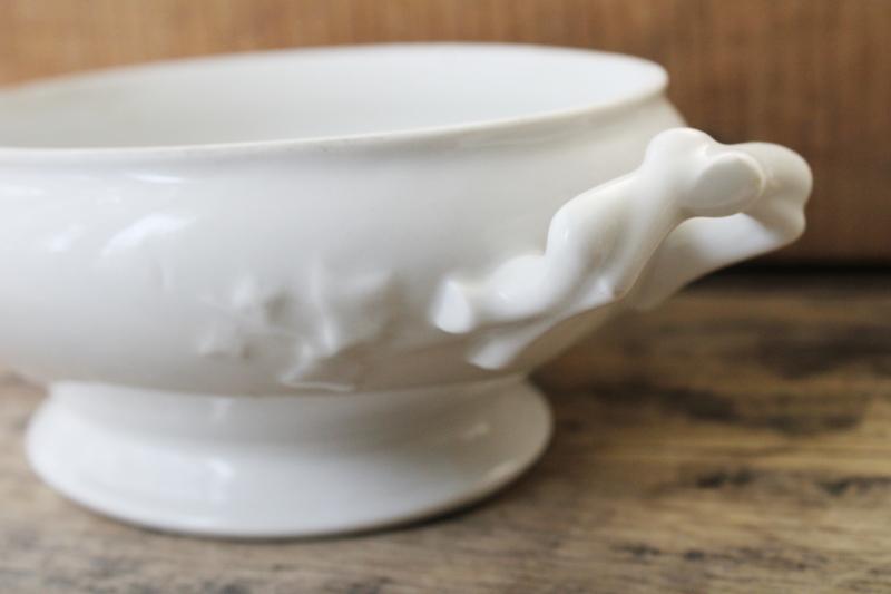 photo of antique 1800s vintage white ironstone china tureen, oval bowl w/ handles, no lid #2
