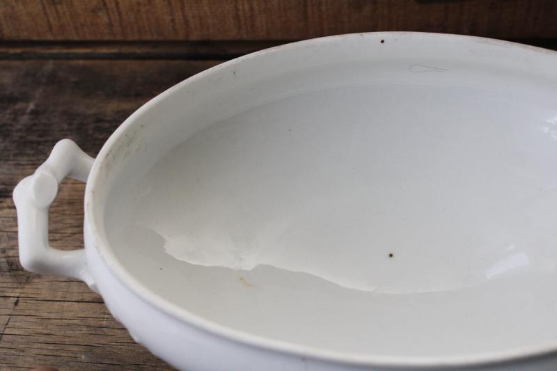 photo of antique 1800s vintage white ironstone china tureen, oval bowl w/ handles, no lid #5
