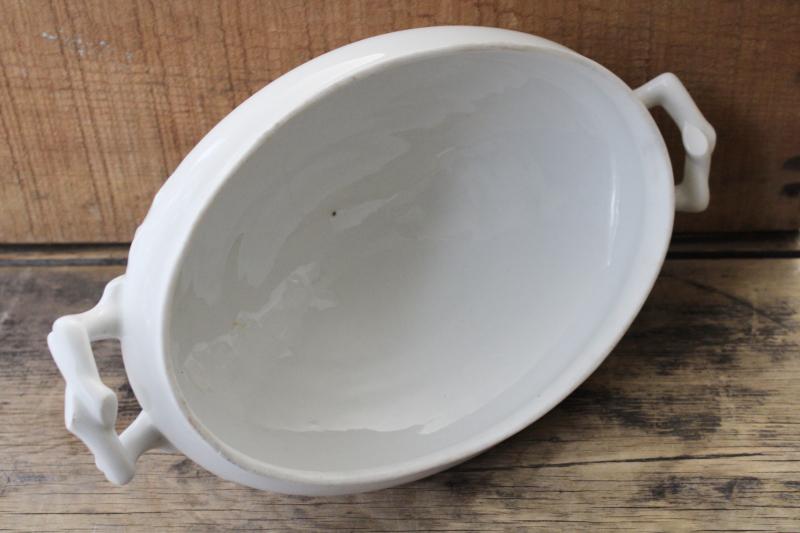 photo of antique 1800s vintage white ironstone china tureen, oval bowl w/ handles, no lid #6